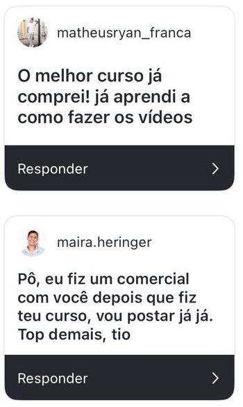 Respostas de alunos: o melhor curso já comprei, fiz um comercial depois do curso